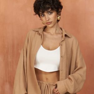 Casual Cuffed Sleeves Solid Women Brown Top
